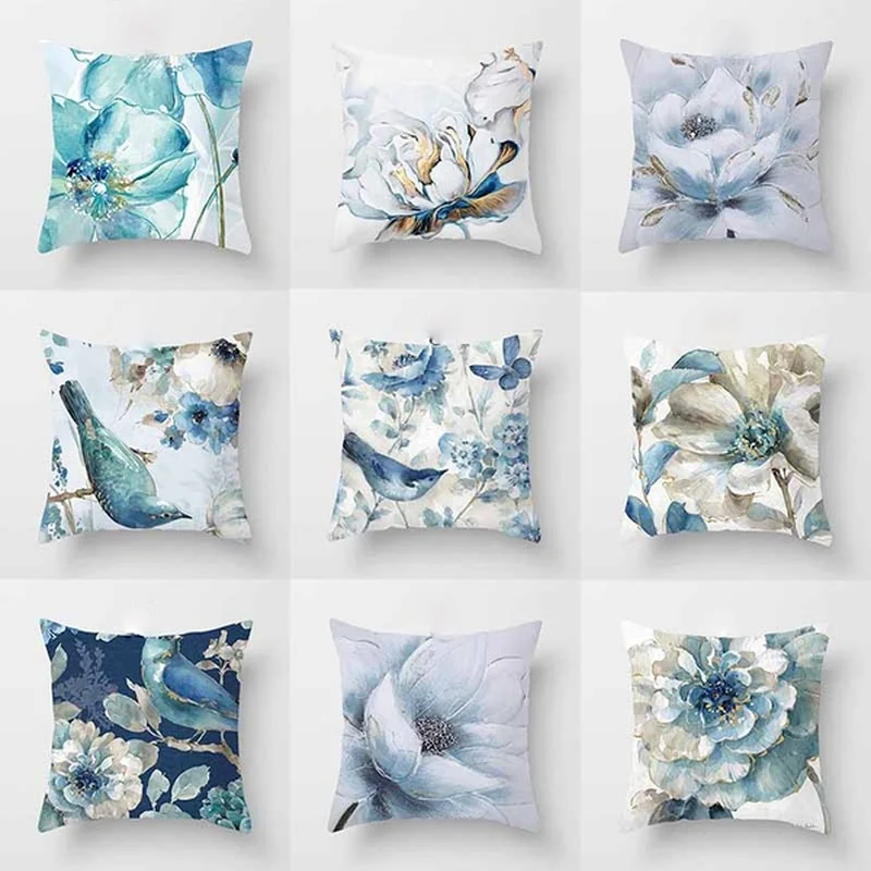 Blue flower and bird printed polyester square cushion cover for home living room sofa office decoration waist  pillowcase