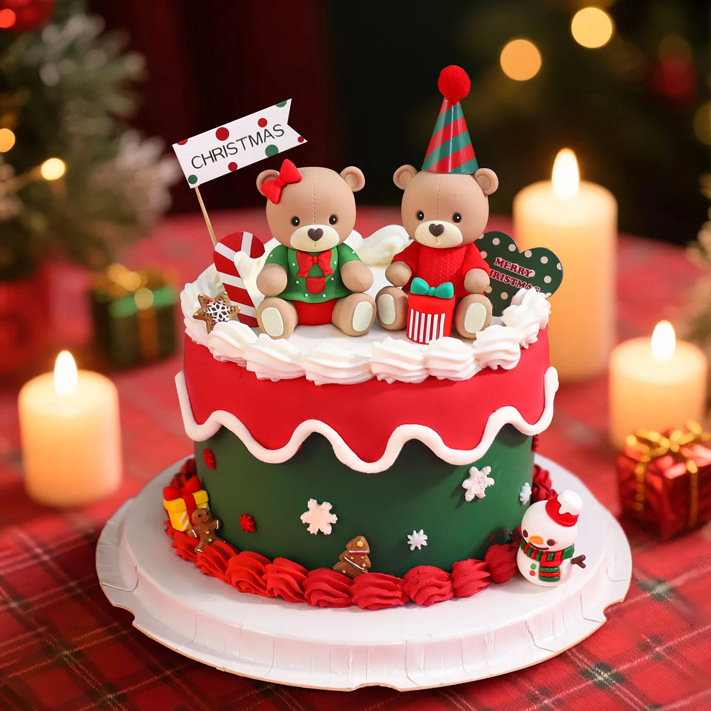 Adorno para tarta de oso de Navidad, suéter rojo, camisa verde con arco de arcoíris, caja de regalo para decoraciones de tarta para fiestas navideñas, adorno de muñeca