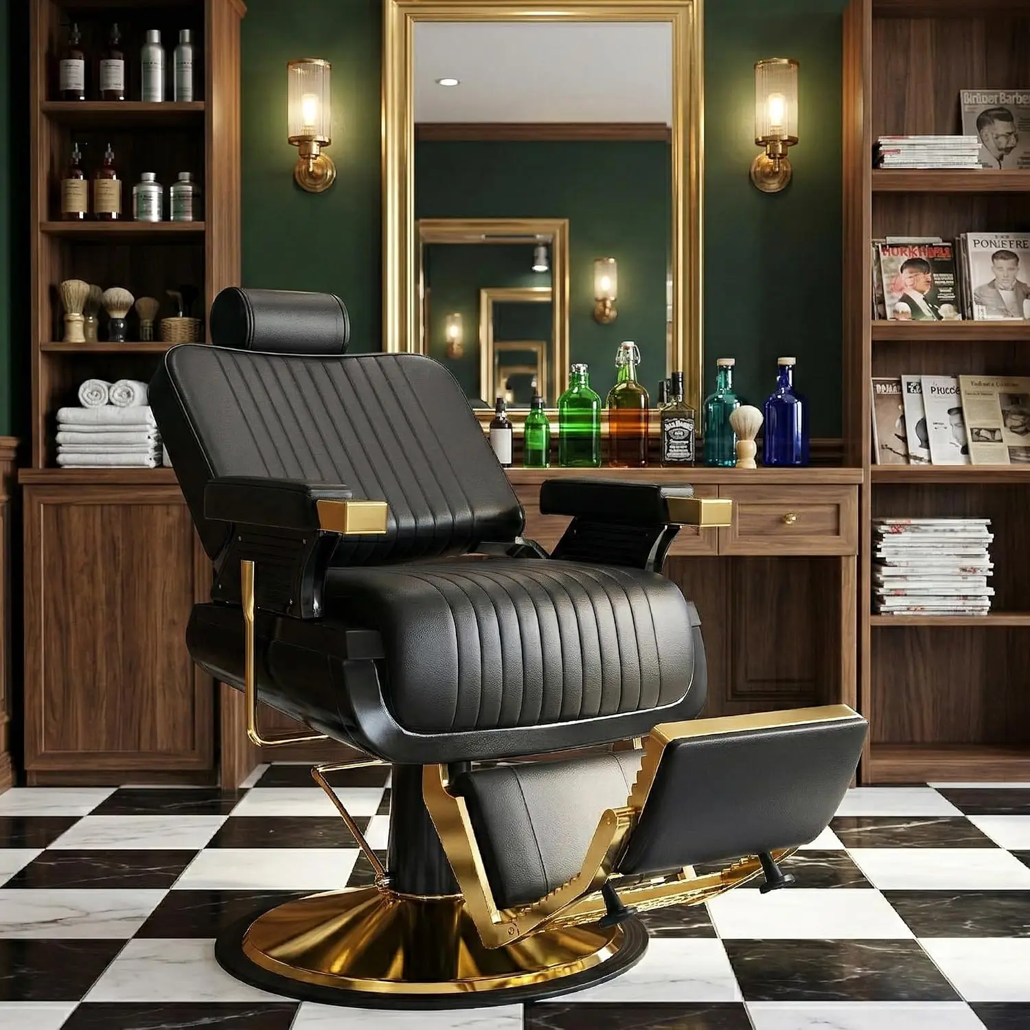Heavy Duty Hydraulic Barber Chair, Vertical Stitch Leather, Adjustable Headrest & Footrest, 360° Swivel, Black Gold, Customized