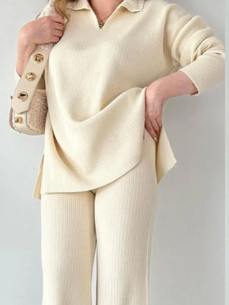 

Knit 2 Piece Set Women Casual Knitted Pullover Sweater Straight Pants Sets Loose Solid Streetwear Casual Autumn Winter Clothing