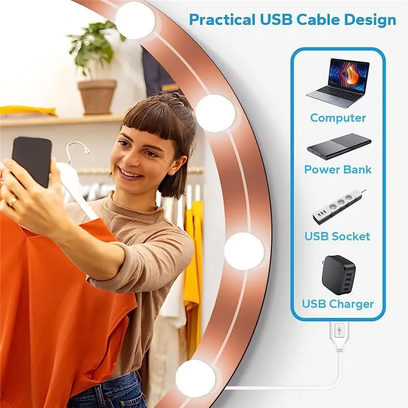 

Светодиодные косметические светильники A36R для зеркала, косметические светильники, наклейки с 10 лампочками с регулируемой яркостью, USB-кабель, зеркальные светильники для макияжа