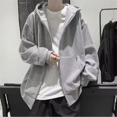 Fleece-Lined Cardigan Sweatshirt Men's Plus Size Trendy Brand Loose Fit Autumn Winter Korean Style Hooded Zip-Up Jacket