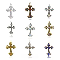 2pcs Antique Silver Color Tone Cross Charms Religious Faith Alloy Rhinestone Big Pendants for Necklace Jewelry Making Findings