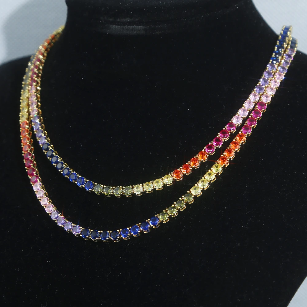 High Quality Rainbow Full 4mm Cz Paved Tennis Chain Choker Necklaces For Women Charm Gold Color Hip Hop Fashion Wedding Jewelry