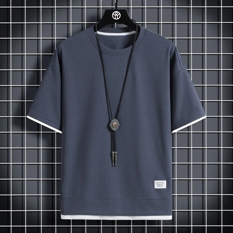 Men's Short Sleeve T-Shirt Ice Silk Casual Loose Thin Summer Fashion round Neck  Color Half Sleeve Heavyweight Wafer Pat...