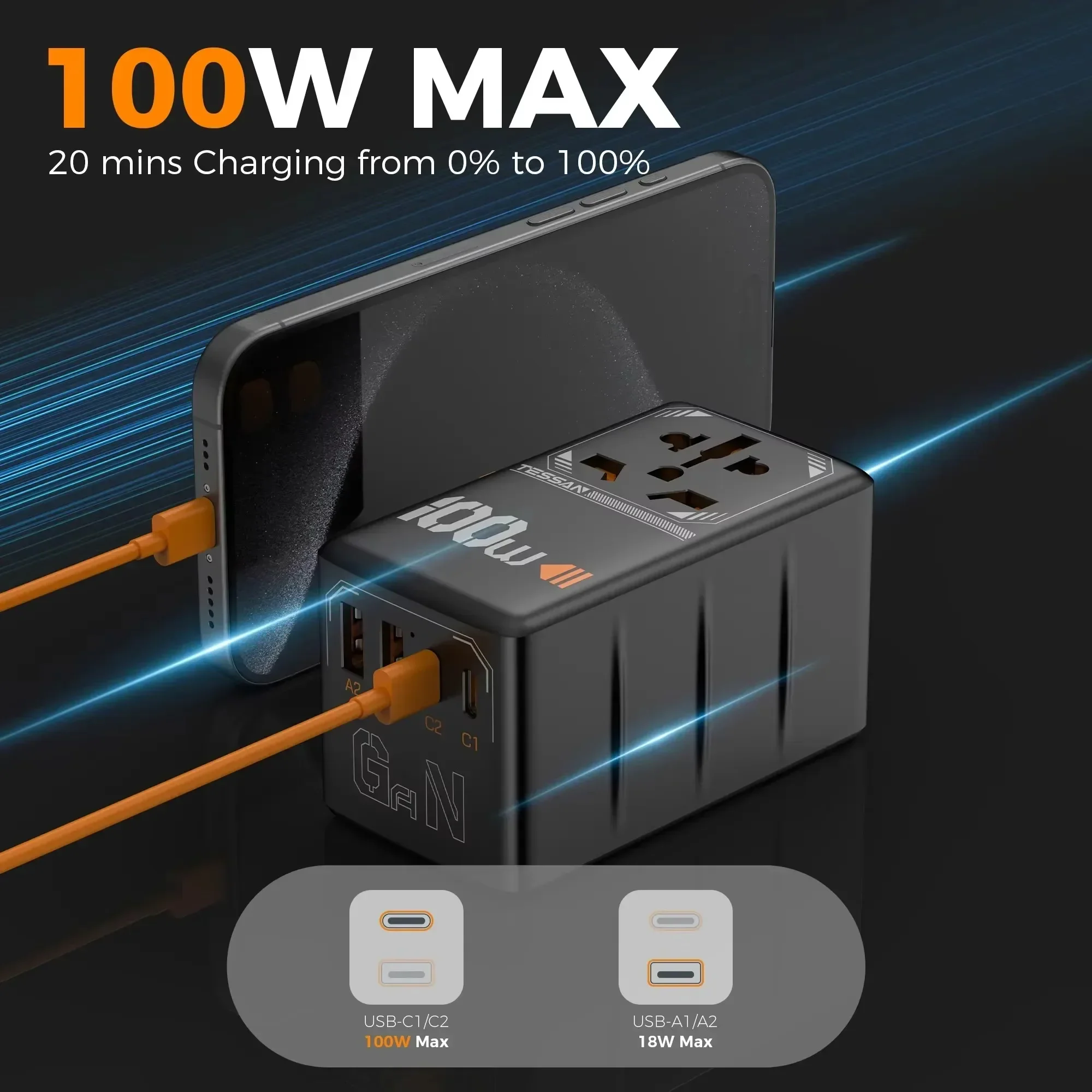 TESSAN 100W GaN uniwersalny adapter podróżny z USB typu C szybkie ładowanie międzynarodowy adapter wtyczki wtyczka EU/UK/USA/AUS do podróży