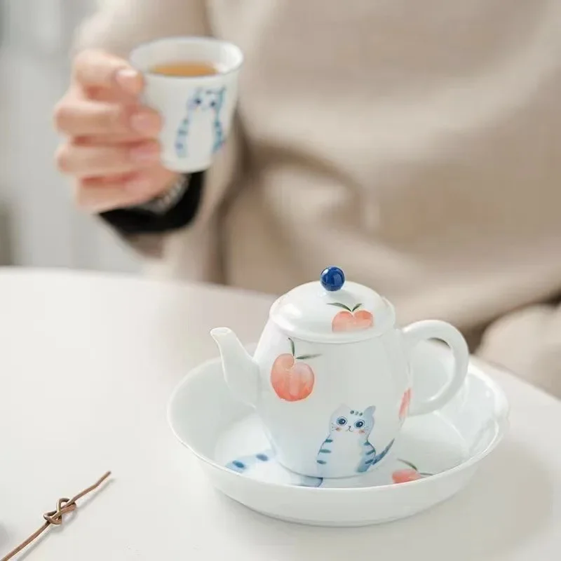 Hand-Painted Cat Teapot Single Tea Making Little Teapot Ceramic Cute Small Chinese Kung Fu Loop-Handled Teapot Tea Kettle
