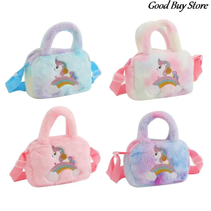 Rainbow Unicorn Plush Shoulder Purse Cartoon Handbags Girls Suede Crossbody Bags Cute Mini Storage Bag Children Kids Fur Totes