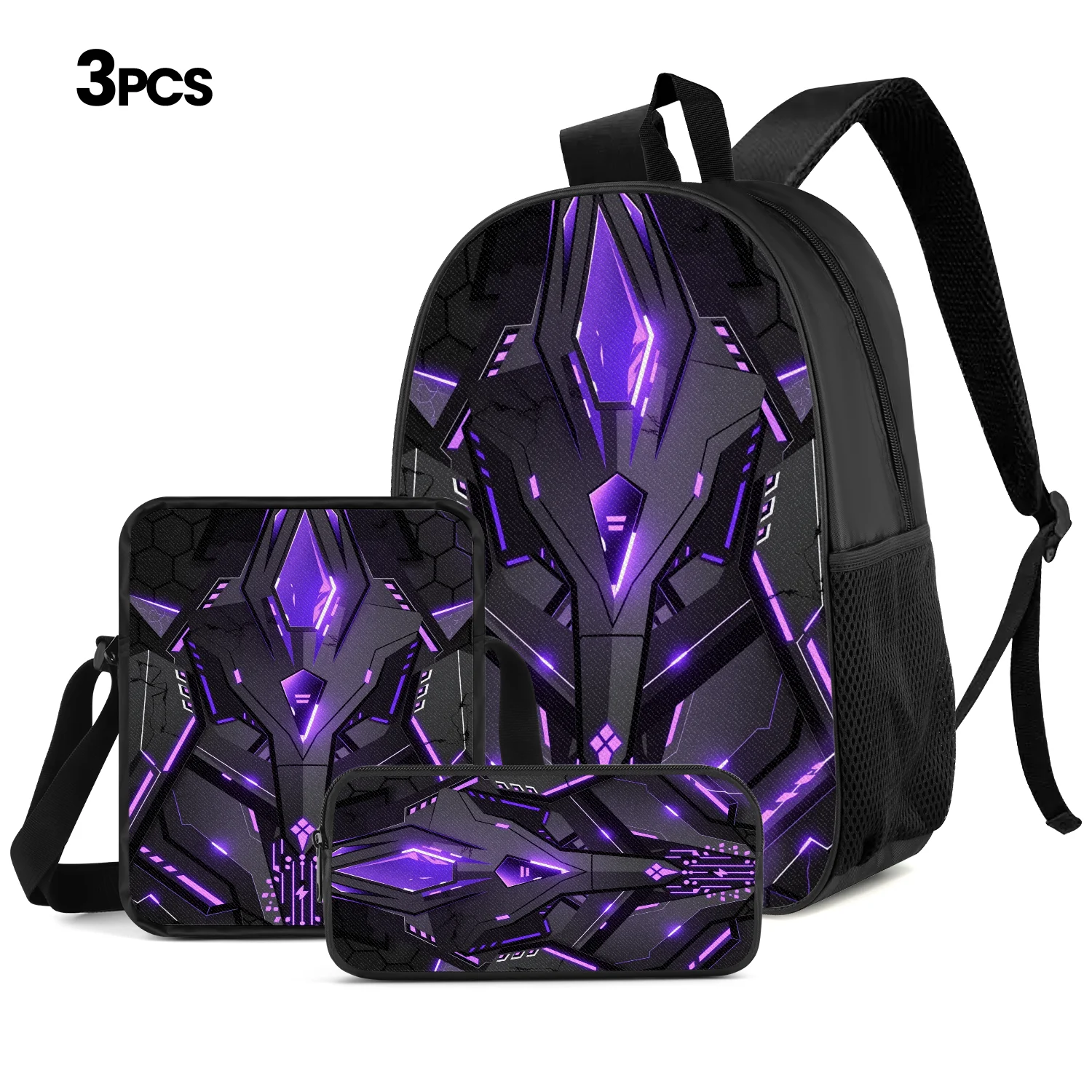 Futuristic Neon Purple Cyber Mecha 3-Piece Backpack Set with Crossbody Bag & Pencil Case for School Travel Daily Use