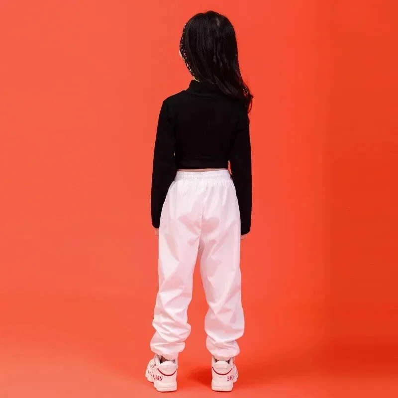 Costume girl Summer Chidren Hip Hop Clothing Cotton Black Long Sleeve Crop Tshirt White Polyester Pant 2 Pcs Streetwear Suit