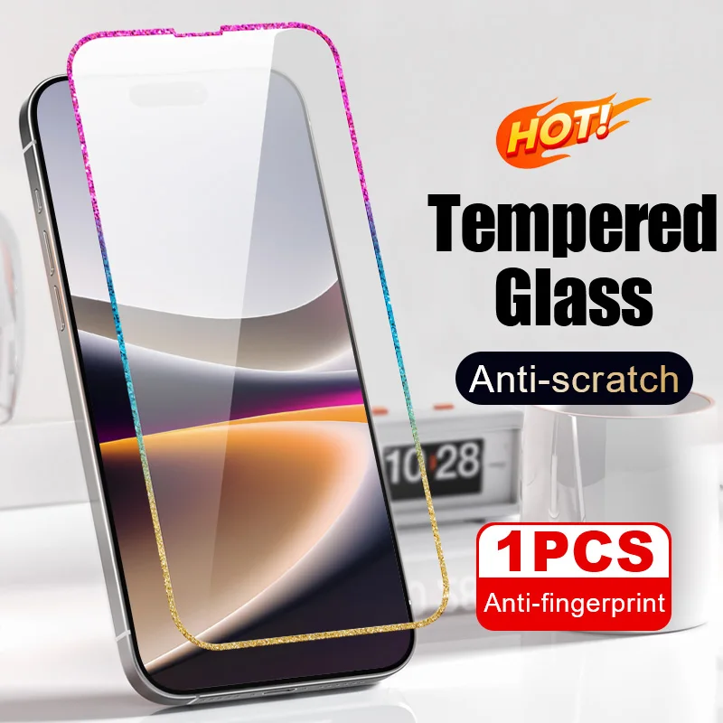 1Pc Bling Border Screen Protector for IPhone 15 Pro Max 14 Plus Glitter Side Tempered Glass Protective Film 13 Pro 12 Mini 11