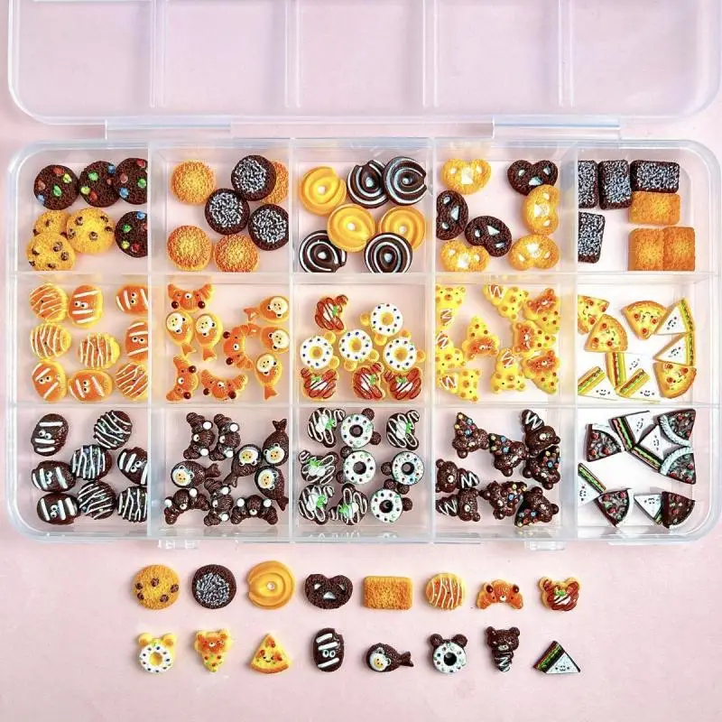 

1Box Cartoon Simulated Sandwich Pizza Nail Art Charms Creative Donut Chocolate Cookies Resin Nail Decorations DIY Hair Clip Nail