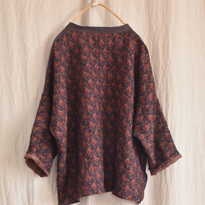 Chinese Style Women Cotton Linen Casual Shirt New 2025 Spring Vintage Style Patchwork Print Loose Female Tops Shirts M788