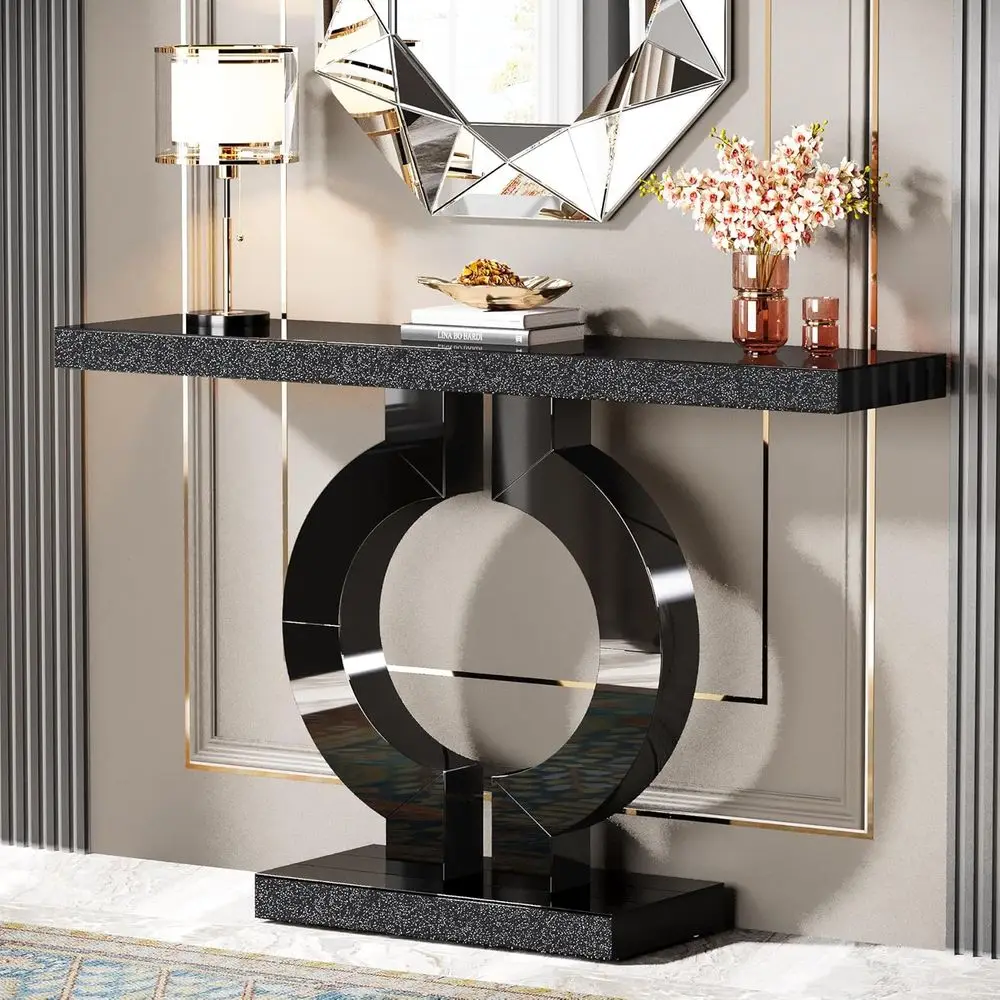 43” ern ole Table with O-Shaped Base, Entryway Soa Table with Mirror inish or Living Room, Hallway, Entrance (Black)