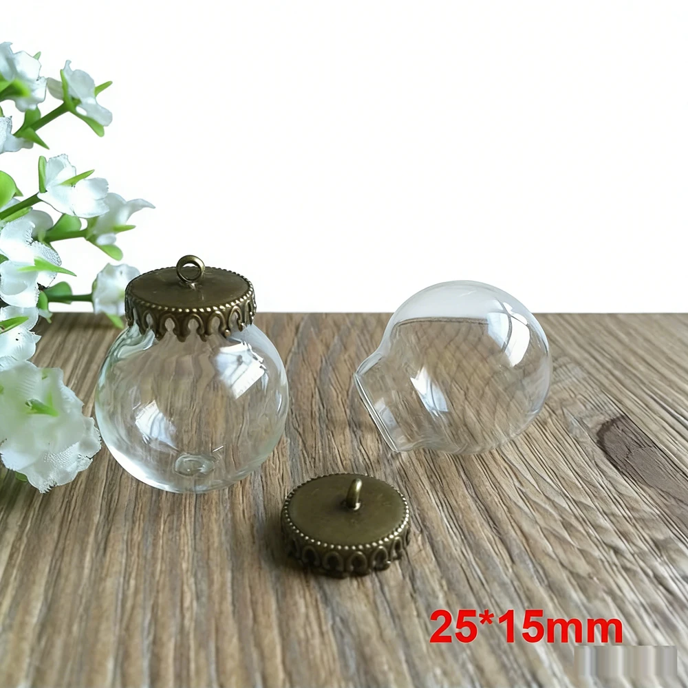 100pcs 25*15mm Glass Globe Bubble Crown Base Glass Vials Pendant Necklace DIY Glass Bottle Glass Dome Cover Jars Chain Charms