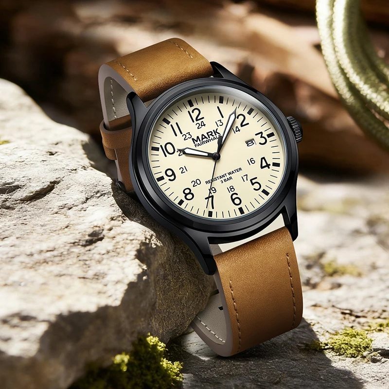 Men's Trendy Minimalist Quartz Watch with Screw-down Crown Date Function Luminous 30m Water Resistance 39mm Large Dial
