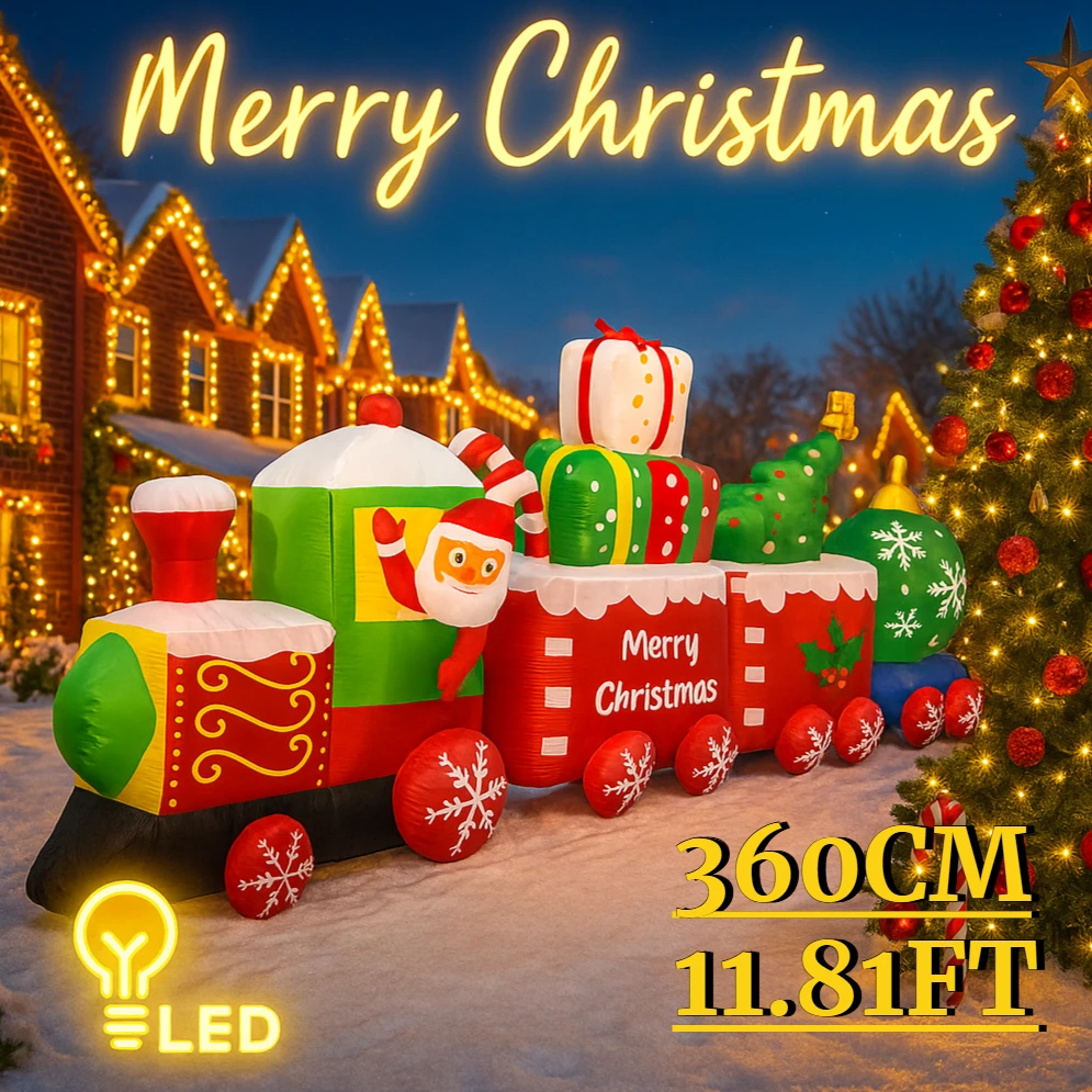 

11.81FT Giant Christmas Inflatable Santa Train Toy With LED Lights Xmas Yard Lawn Party Decor Home Decoration Supplies Ornament