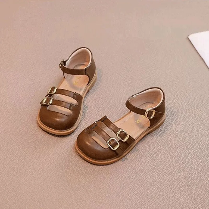 New 2024 Summer Sandals Girls Soft Non-slip Princess Shoes Kids Leather Cuts-out Children Closed Toe Soft Fashion Toddler Shoes