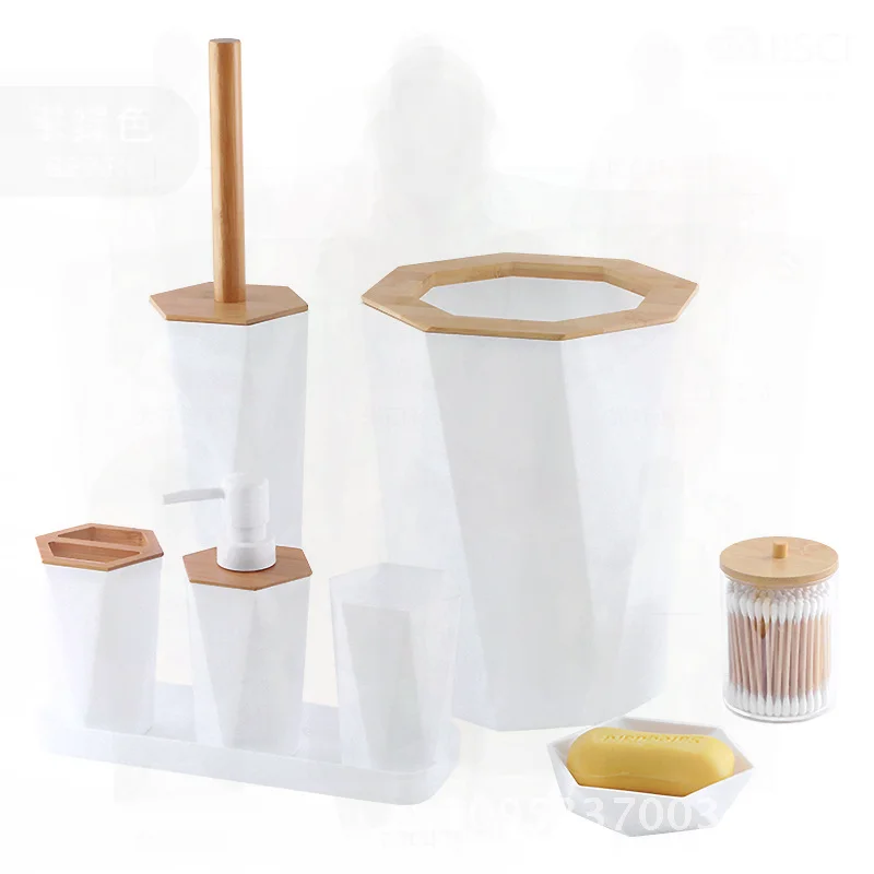 

Bamboo Bathroom Supplies Set Hotel B&B Wash Basin Ornaments including Toilet Brush Toothbrush Holder Trash Bin - Eight-Piece Set