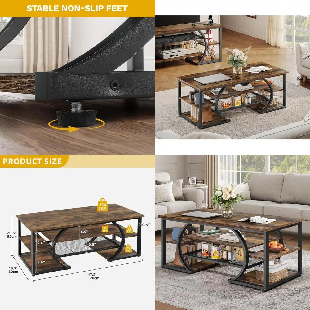 Industrial Style 5-Tier Rectangular Coffee Table with Storage Shelf, Brown Wooden Centerpiece for Living & Reception Rooms