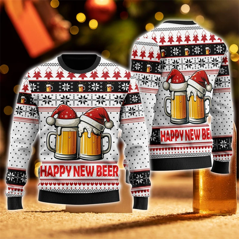 2026 New Fashion Beer Graphic Ugly Christmas Sweater Trendy Santa Claus 3D Printed Xmas Sweatshirts Casual Oversized Pullovers