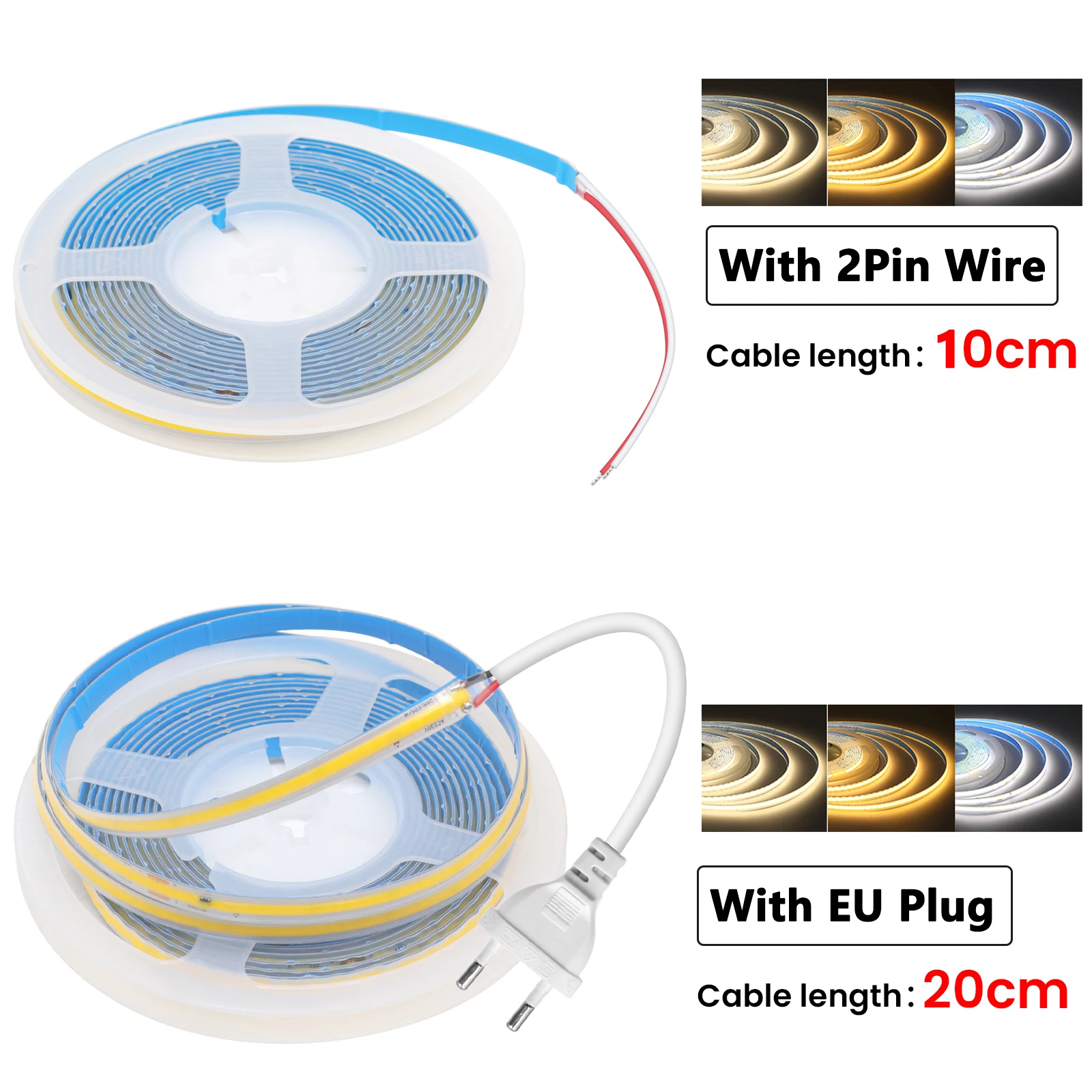 110V 220V COB LED Strip Light 2PIN Wire/Power Kit Waterproof Bright 288LEDs/M 3000K 4000K 6000K with IC Flexible Tape Room Decor