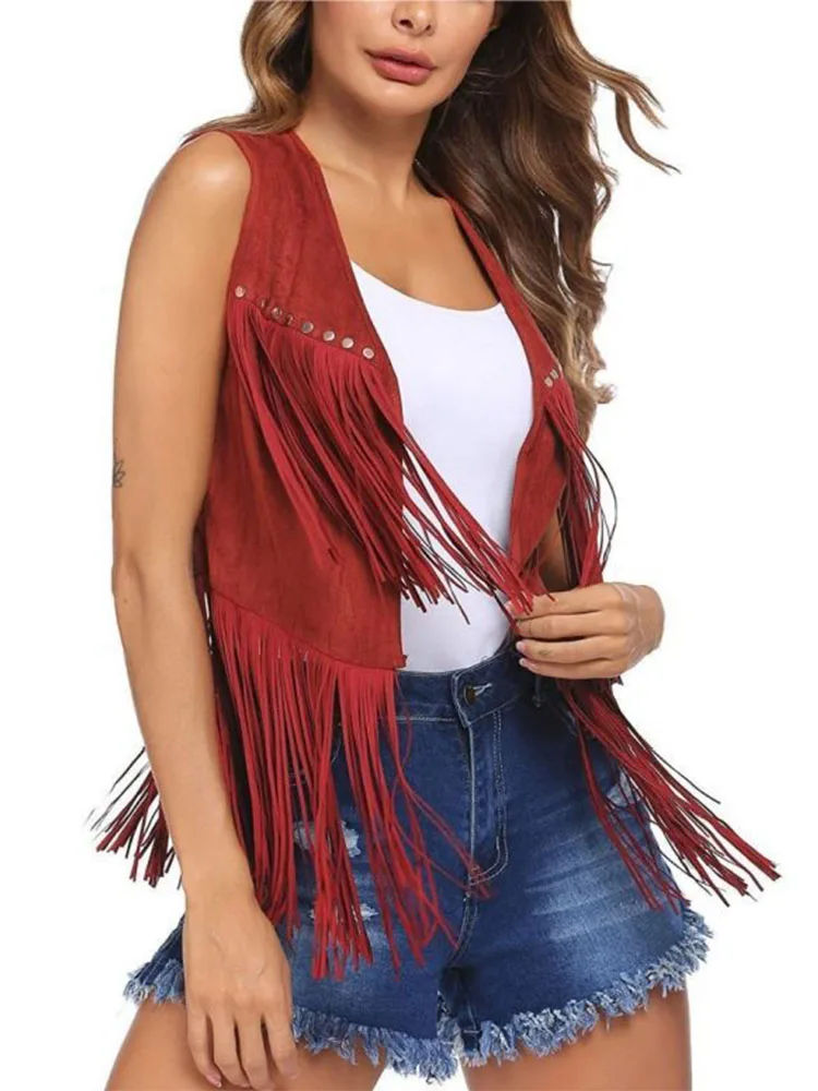 Cowgirl Western Rivet Fringe Faux Suede Vest Sleeveless Open Front Country Music Festival Layering Waistcoat