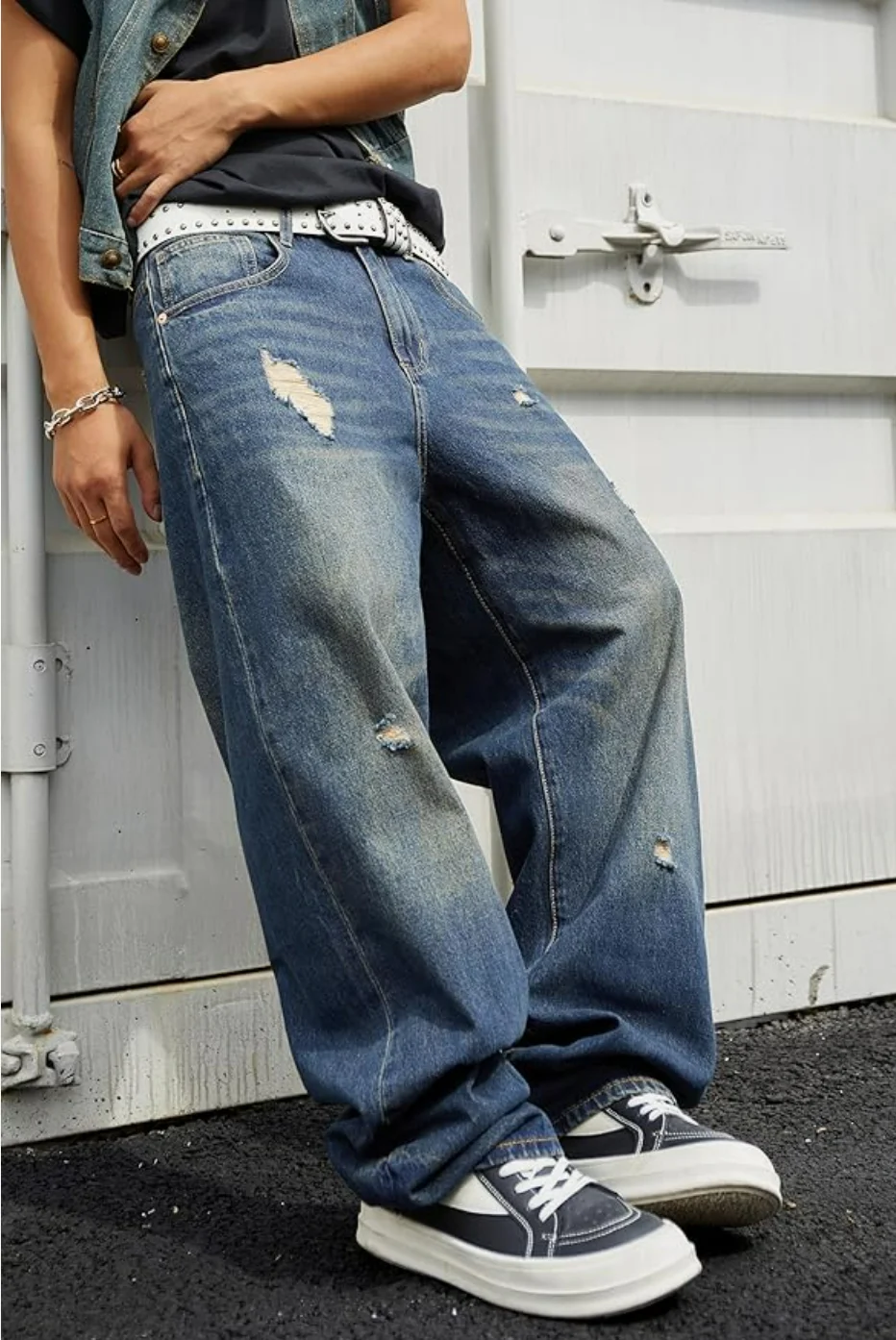 Jeans Men Y2K Vintage Medium Blue Ripped Distressed Baggy Wide Leg Denim Pants Loose Oversized Skater Street Long Trousers