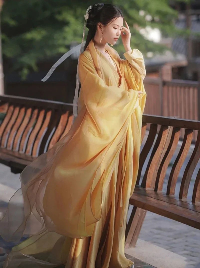 Hanfu Dress Women Carnival Cosplay Costume Chinese Stage Dance Dress Ancient Traditional Hanfu Yellow Dress Plus Size XL