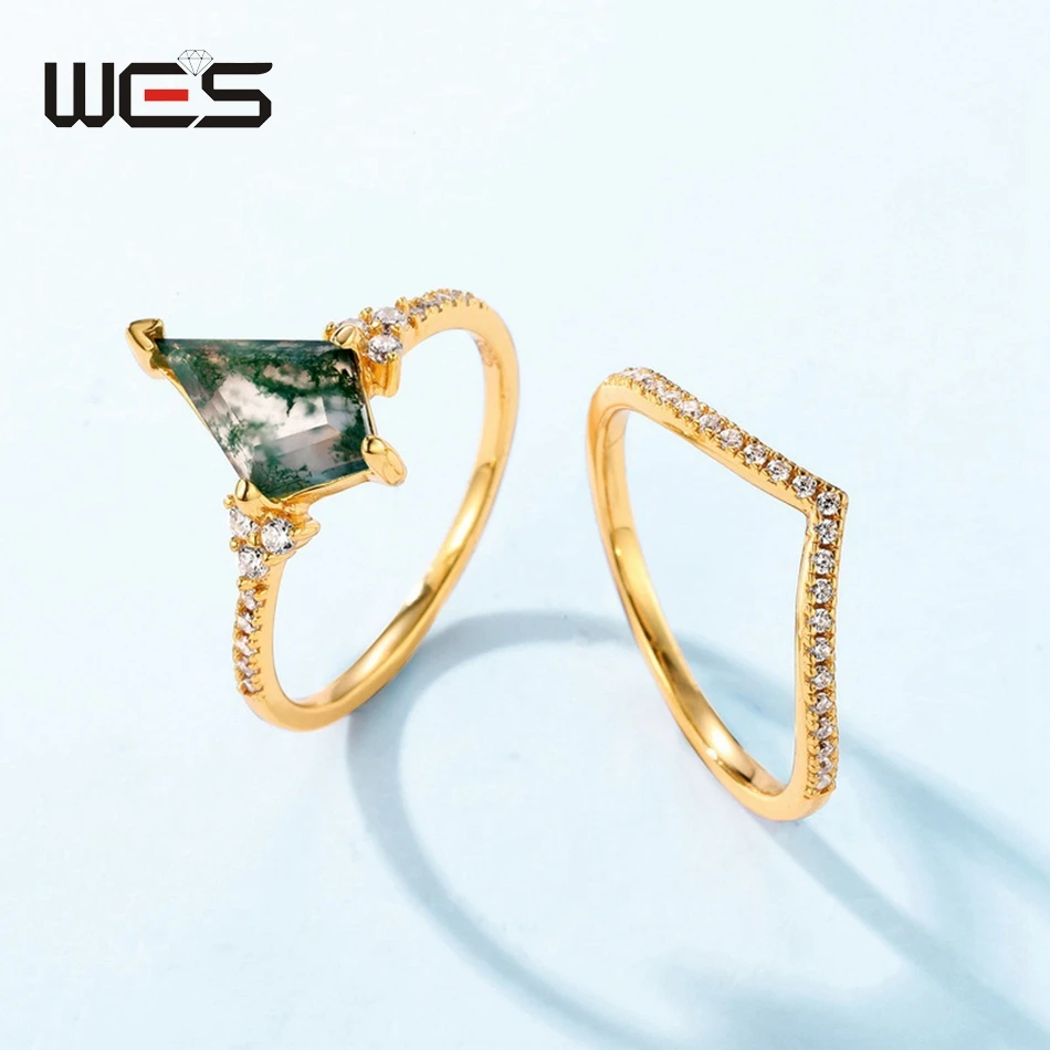 WES 925 Silver Kite Cut Unique Natural Moss Agate Crown Gold Ring Set for Woman 7*11mm Wedding Engagement Gift Dainty Jewelry