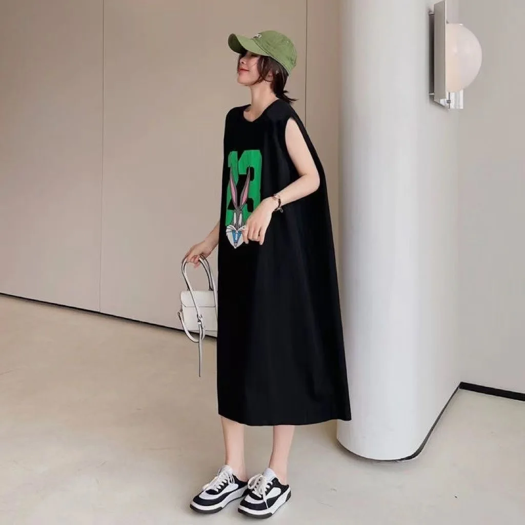 แฟชั่นO-คอพิมพ์สีตัวอักษรแขนกุดลําลองSundressเสื้อผ้าหญิง 2025 ฤดูร้อนหลวมAll-Matchเสื้อยืดชุด