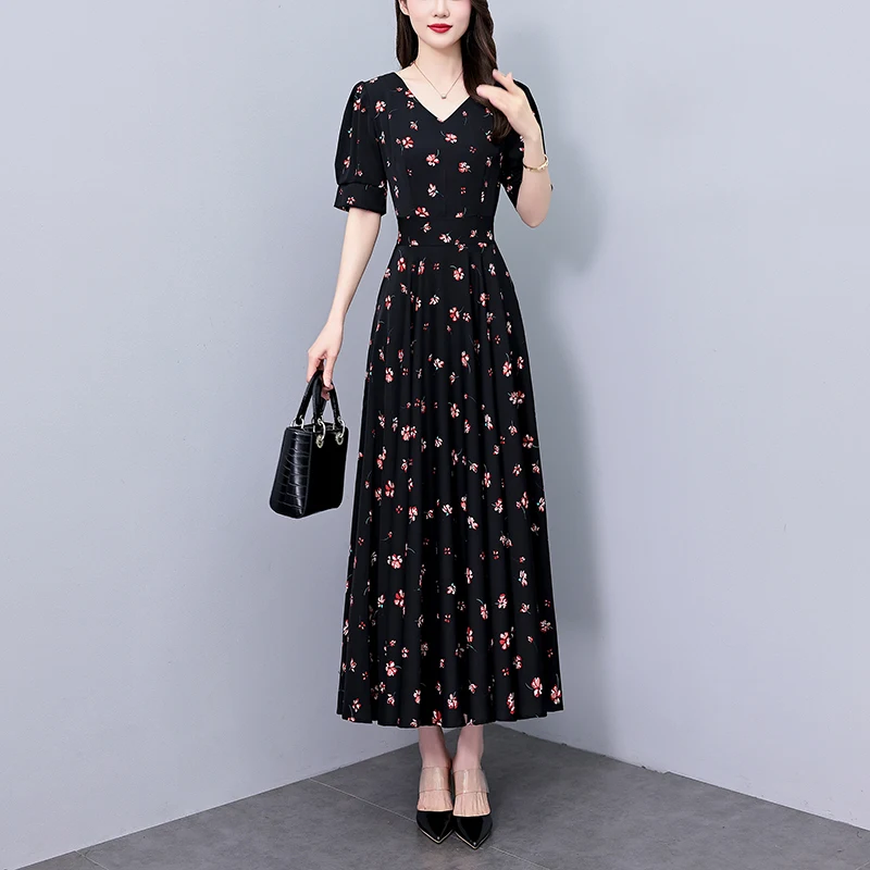 2025 Vintage imprimé fleuri décontracté noir Maxi robe printemps été bal en mousseline de soie robe élégante femmes moulante fête soirée robes
