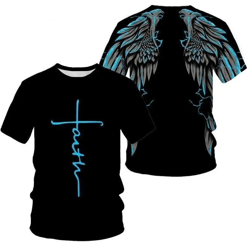 Fashion Jesus Cross Pattern T Shirt For Men Funny 3D Printed Wing Short Sleeve Tops Casual O-Neck Loose Tees Summer Pullover