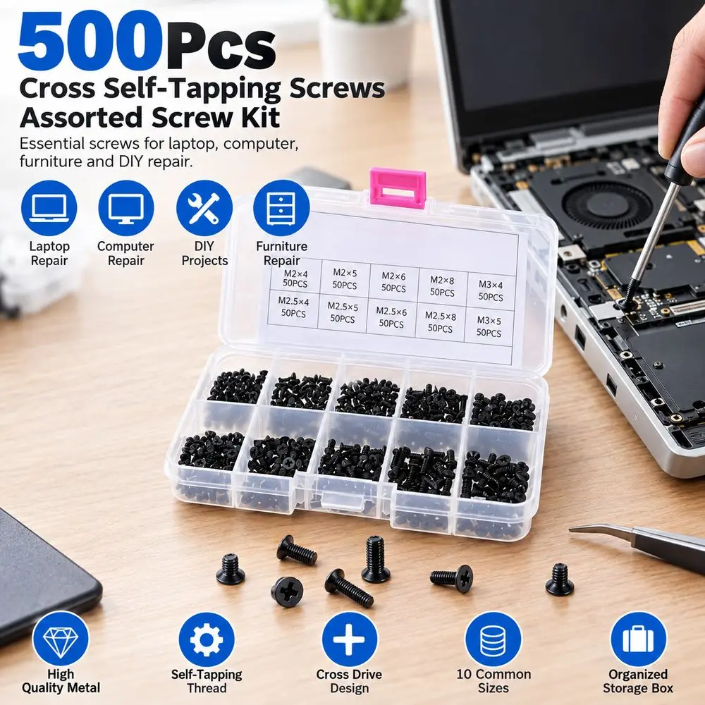 500Pcs New Metal Cross Self-Tapping Screws Black M2 M2.5 M3 Laptop Screws Round Head Round Head Screws Computer Repair
