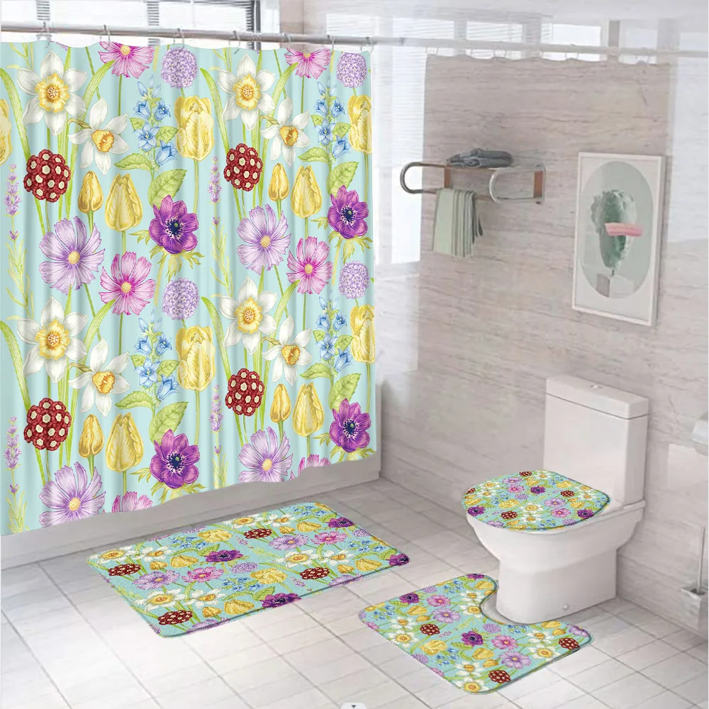 Watercolor Flower Plant Shower Curtain Set Colorful Tulip Daisy Floral Cloth Screen Flannel Rug Bath Mat Carpet Toilet Lid Cover