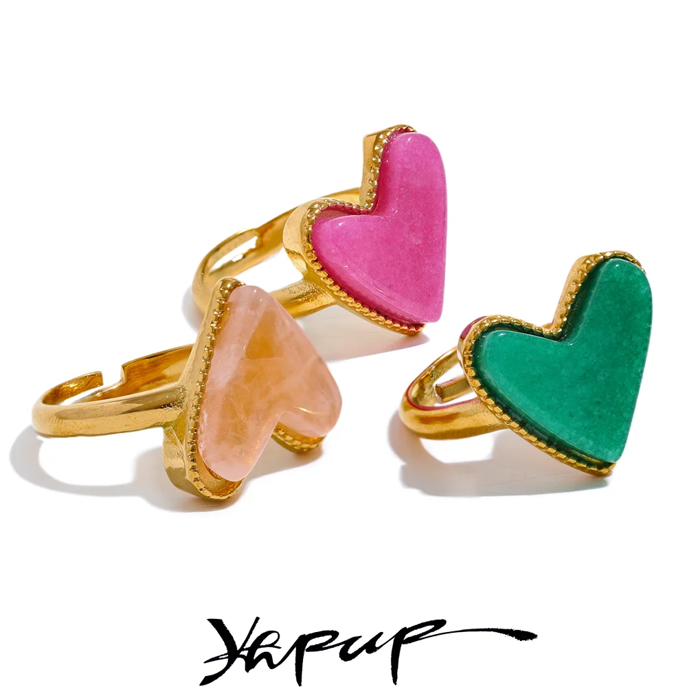 Yhpup Candy Sweet Y2K Natural Stone Stainless Steel Heart Love Open Ring Regulowany prawdziwy pozłacany młody pierścionek dla kobiet
