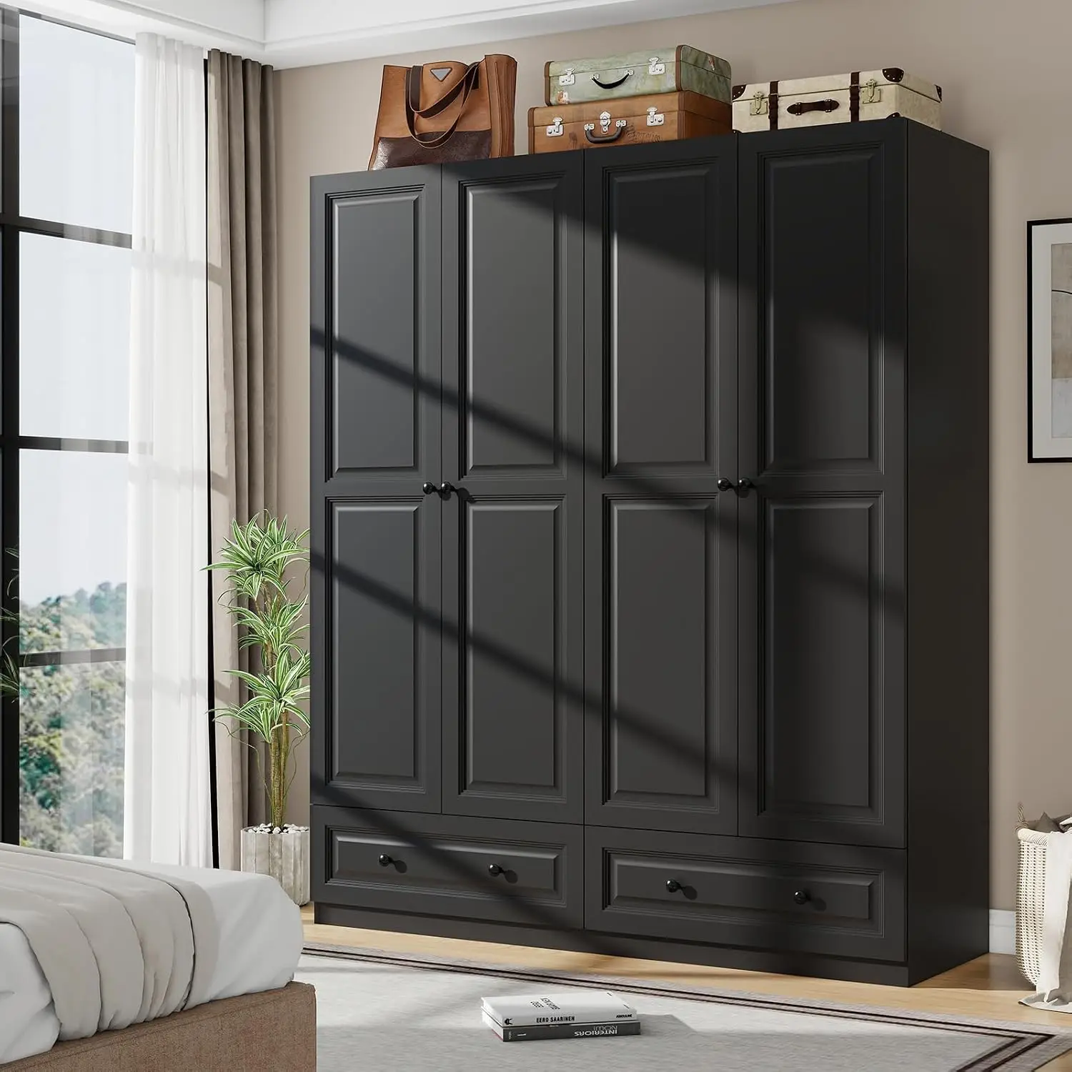75" Black Tall Wooden Wardrobe Closet for Hanging Clothes, Large Bedroom Armoires with 2 Drawers, Armoire Storage Cabinet