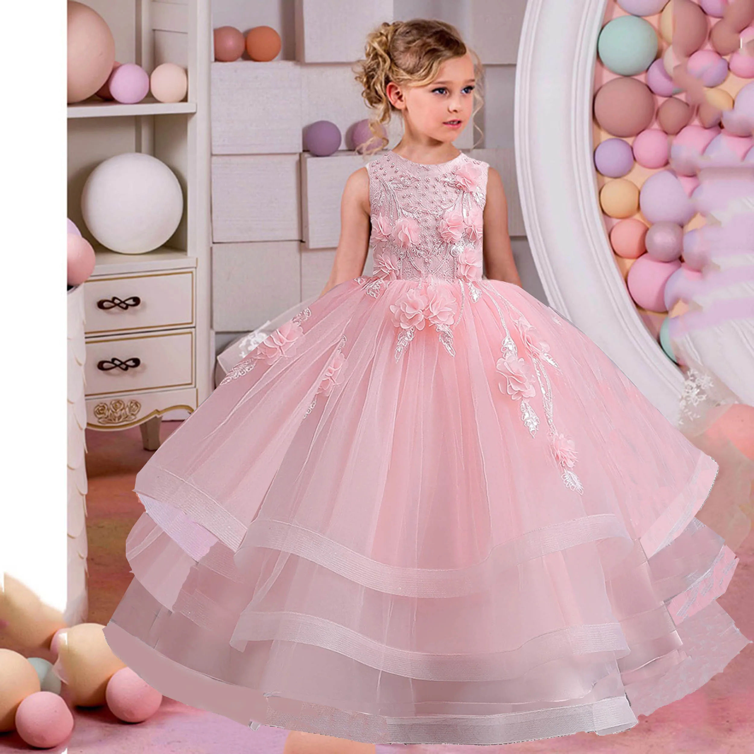 

AmyStylish Little Big Girls 3D Flower Girl Birthday Party Formal Long Graduation Ceremony Performance Piano Dress LS8041