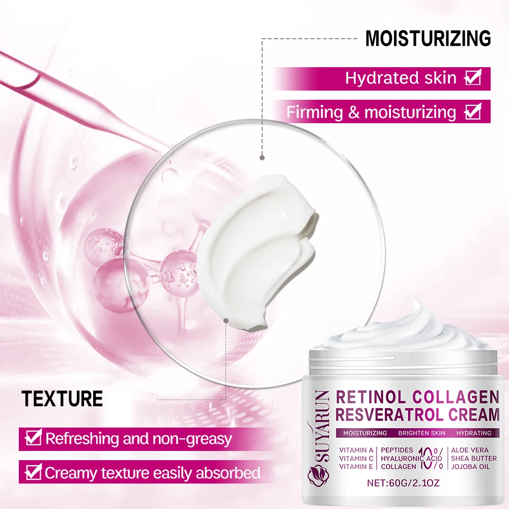 SUYARUN Retinol Resveratrol Creme Facial Antienvelhecimento - Hidratante Noturno Hidratante para Rugas, Firmador e Iluminador Cuidados com a Pele.