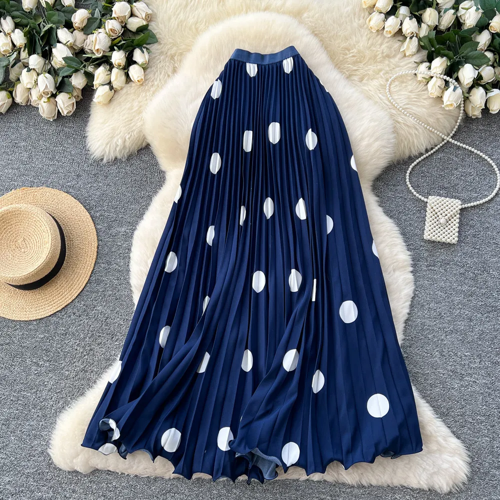 Clothland Women Sweet Polka Dot Pleated Skirt Elastic Wasit Candy Color Red Black Female Chic Long Skirts Mujer BA377