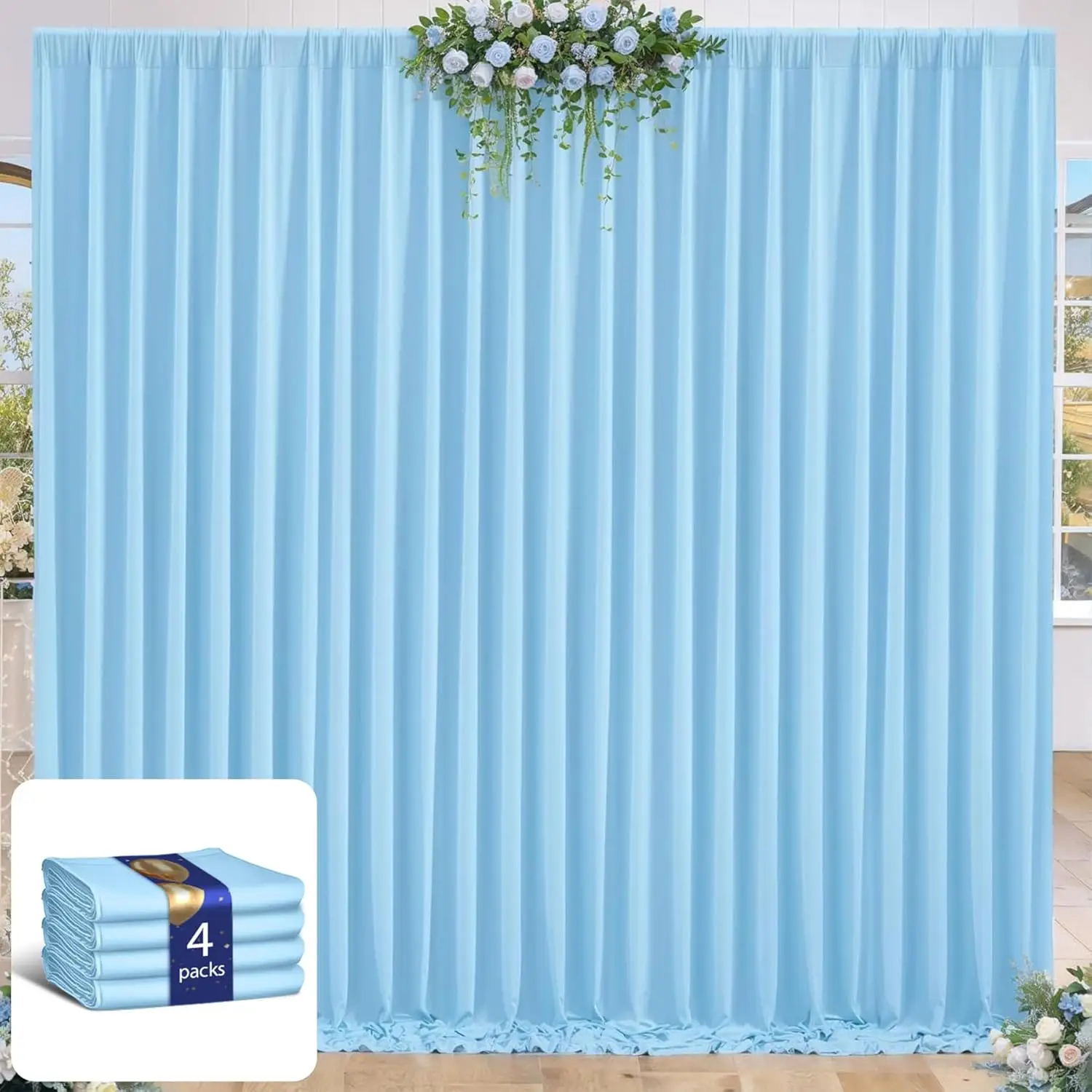

4 Panels-5ft x 10ft Baby Blue Backdrop Curtain for Baby Shower Parties Light Blue Wrinkle Free Backdrop Drapes Panels for Birth