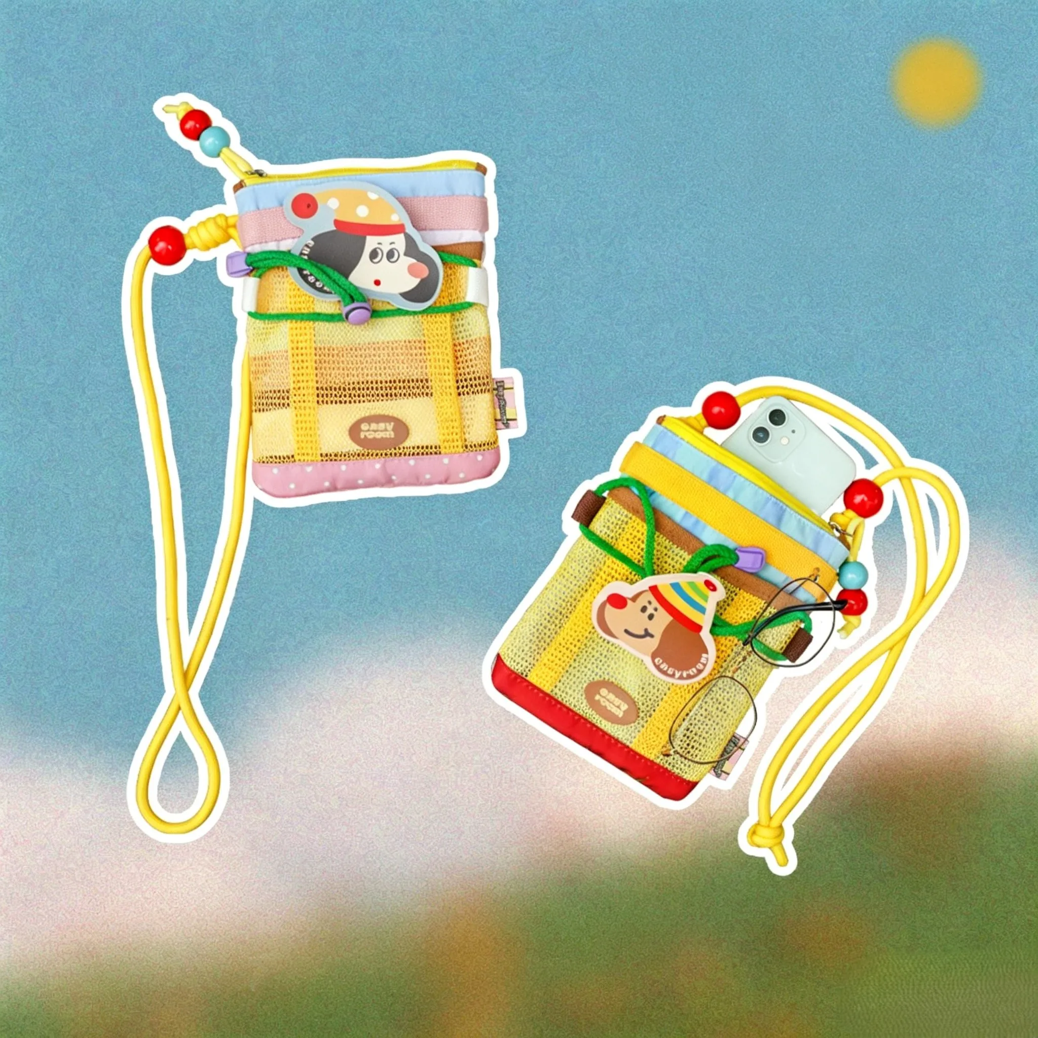Kawaii Dog Patch Mesh Crossbody Bag Mini Drawstring Phone Pouch Cute Lightweight Small Shoulder Bag for Girls Daily Travel