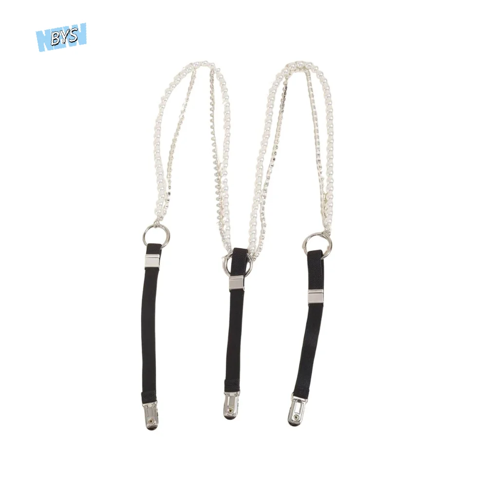 

Pearls Rhinestone Pearl Suspenders 3 Metal Clips Elastic Y-Shape Suspender Belts Silver Claw Beads Duck-mouth Clip