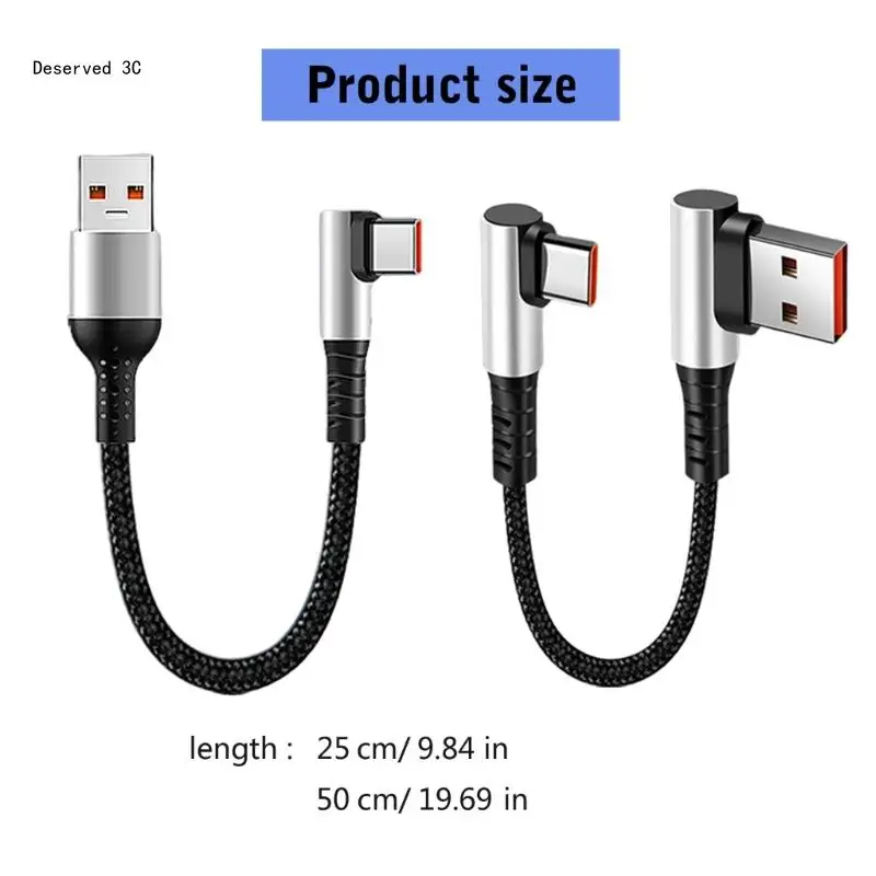 USB to Type C Fast Charging Cable 90 Degree Elbow Short Data Cord for Smartphones