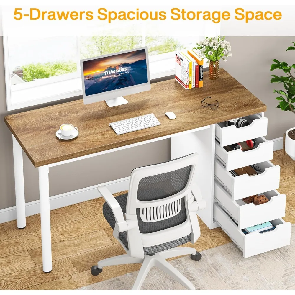 مكتب كمبيوتر مع 5 أدراج، مكتب مكتب منزلي بني ريفي مقاس 47 بوصة مع مساحة تخزين، طاولة كتابة حديثة وبسيطة للكمبيوتر المحمول