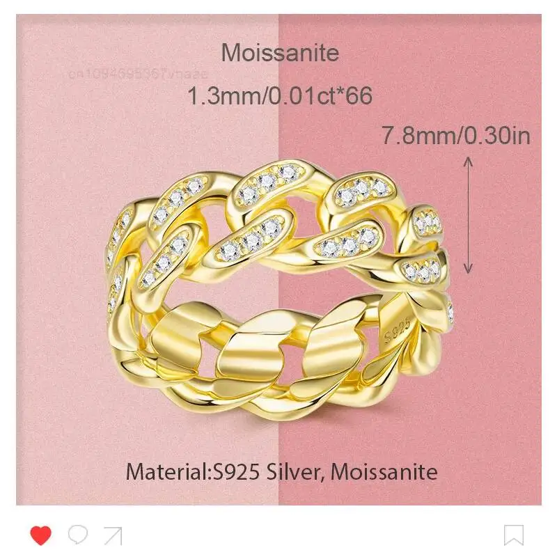 

New Arrival Hollow Cuban Chain Moissanite Ring S925 Sterling Silver 18K Gold Plated Fine Jewelry Streetwear Party Gift Ring