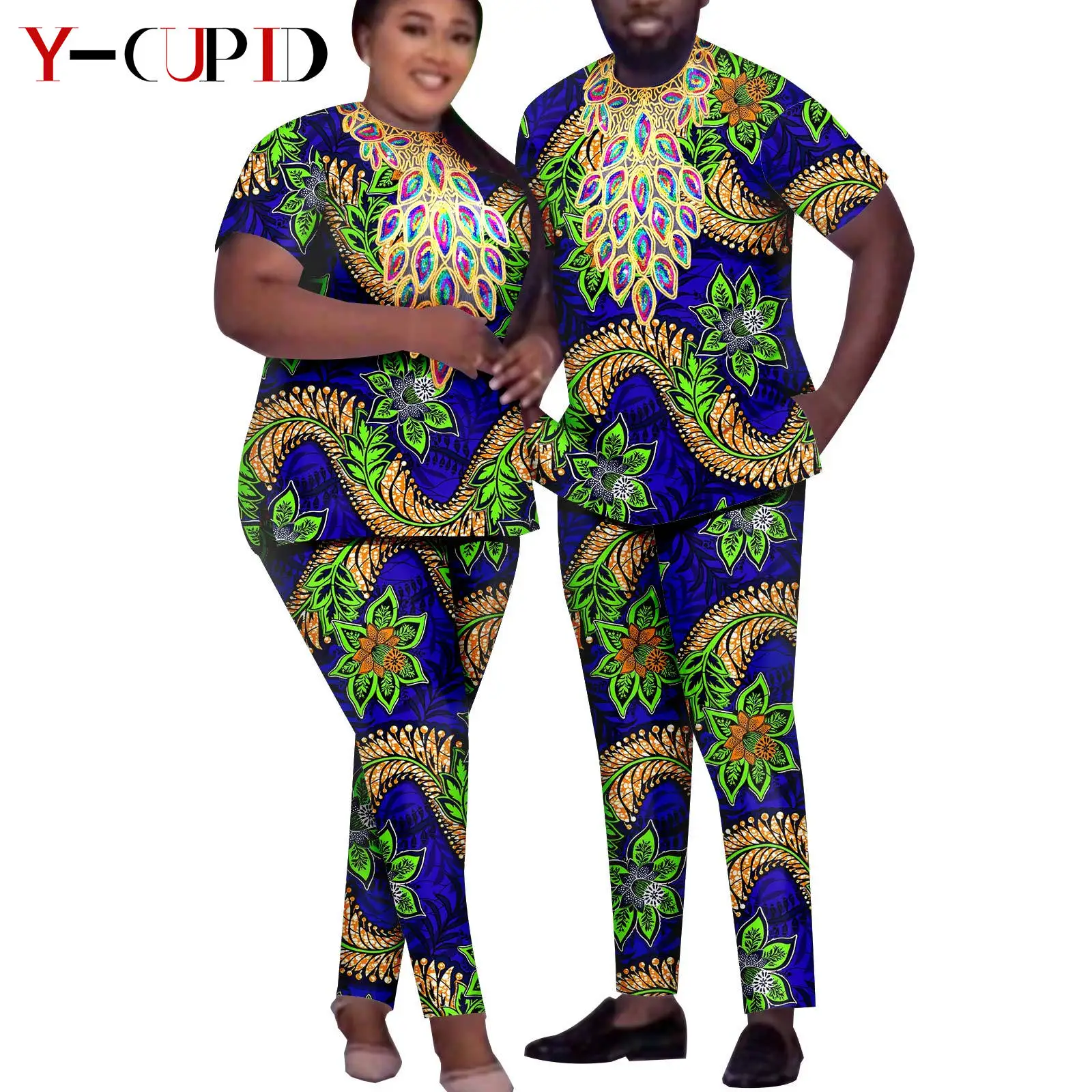 

Bazin African Women Print Top and Pants Sets Matching Couple Clothes Dashiki Men Outfits Summer Appliques Outwear Attire Y23C025