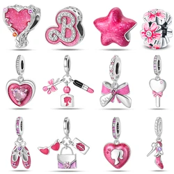 100% 925 Sterling Silver Fashion Princess Pink Bow Charms Beads Fit Pandora 925 Original Bracelets DIY Jewelry Anniversary Gifts