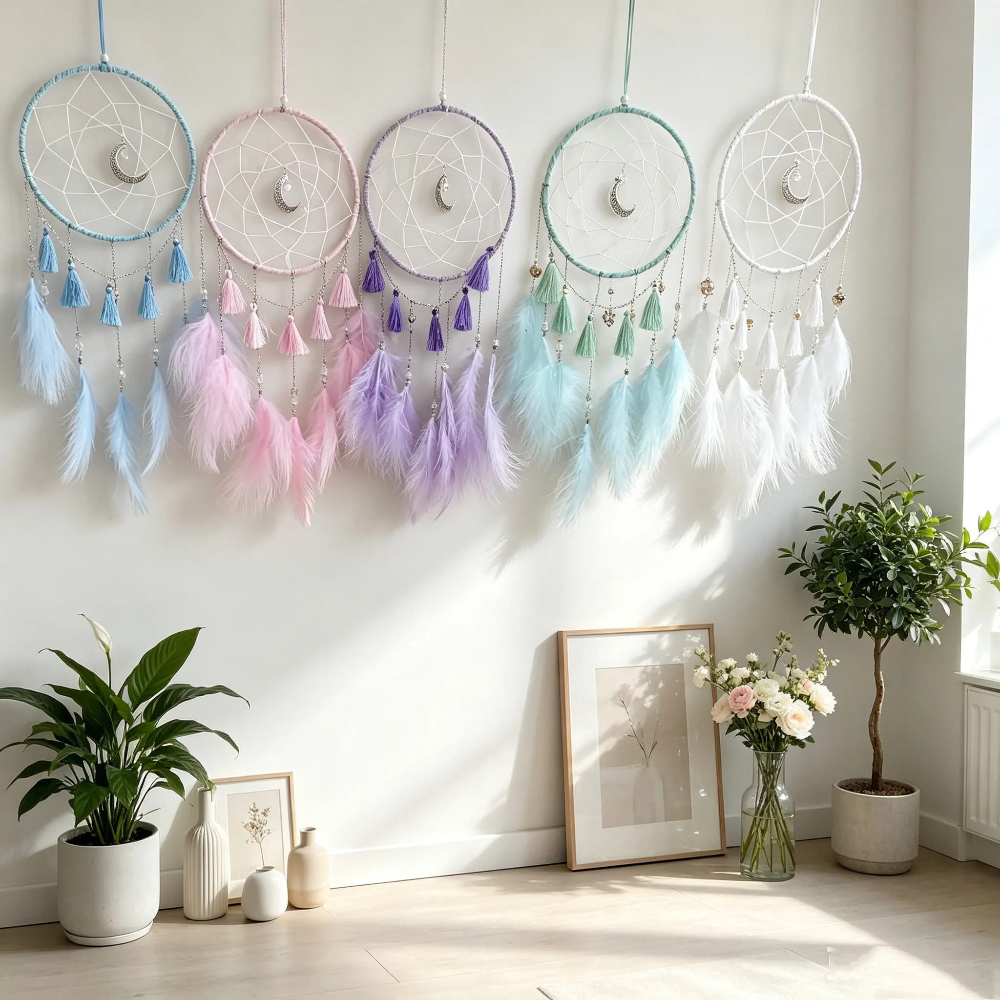 Handmade Moon Pendant Dreamcatcher Bead Tassel Feather Design Boho Wall Hanging Decor Bedroom Living Room Home Ornament