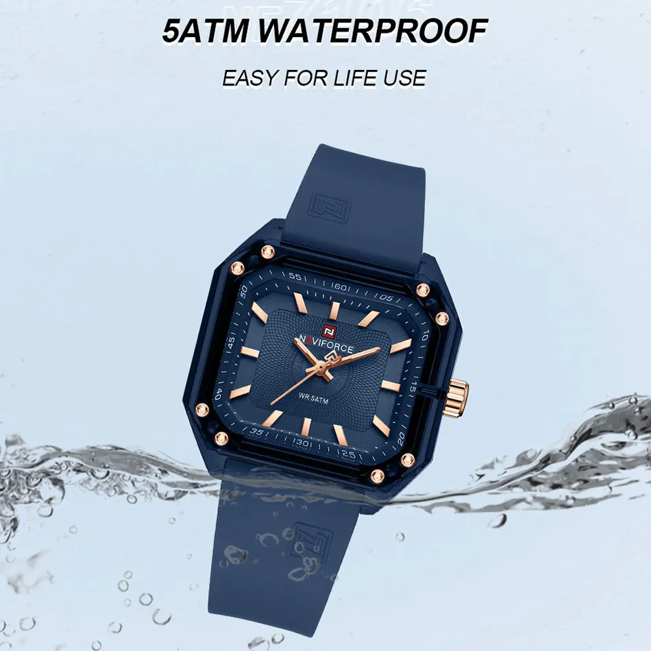 NAVIFORCE Fashion Watch Simple Square Dial Silicone Strap Quartz Business Student Watch Wristwatch Clock for Women Montre Homme